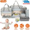 11Pcs Baby Nappy Diaper Bags Set for Mom Dad Mummy Shoulder Bags Multifunctional Diaper Handbags with Food Bag Bottle Bag Diaper Pad Burp Cloth 2 Hook